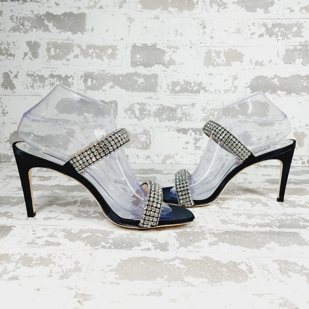 NEW Badgley Mischka Sade Black Rhinestone Heeled Summer Sandals B526 - Picture 3 of 10